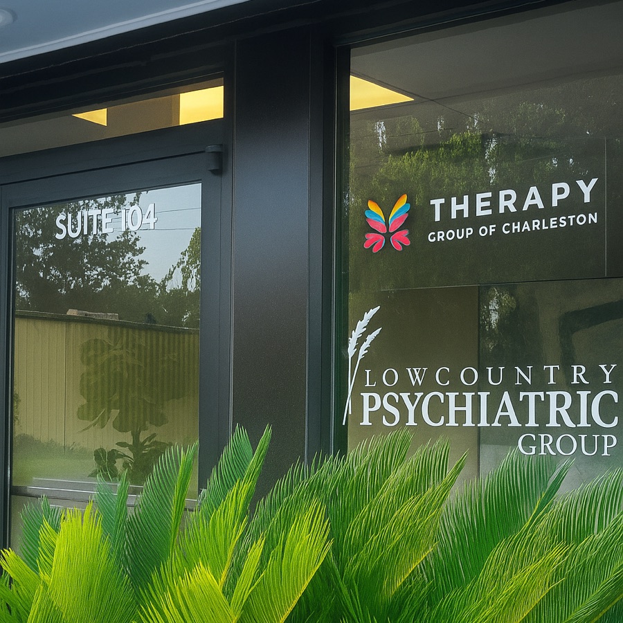 The Suite 104 entrance at 913 Bowman Road, with the Therapy Group of Charleston logo on the window